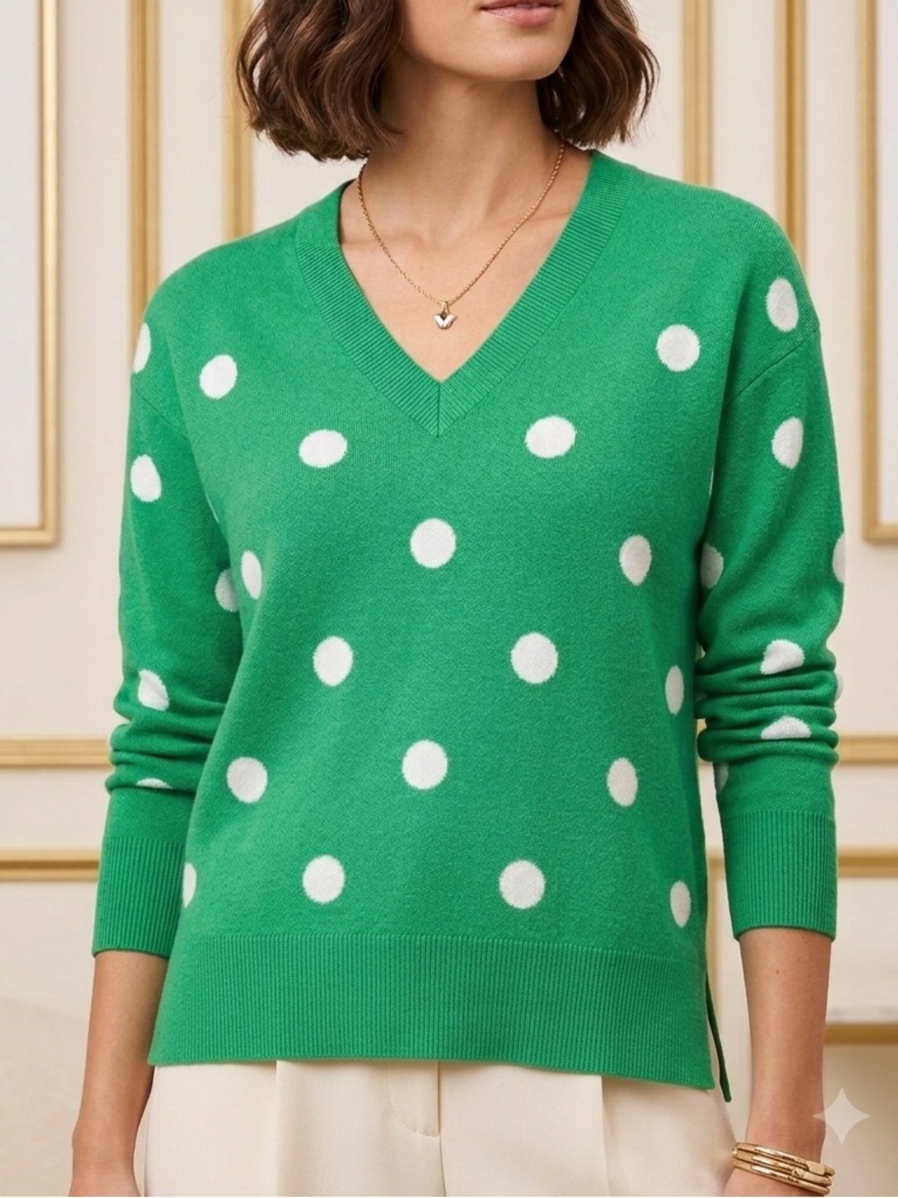 Philosophy Green Polka Dot Knit Super Soft V-Neck Sweater Side Slit Sz S/P